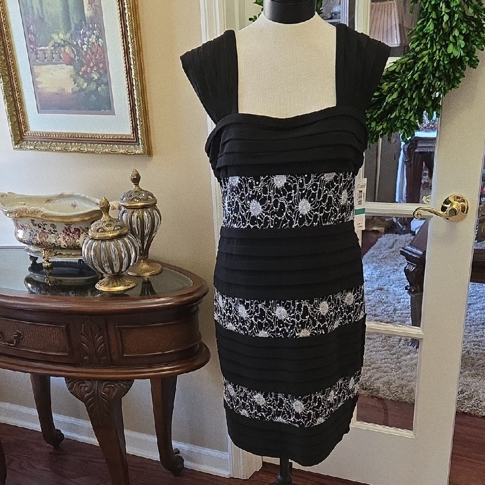 R & M Richards Black Silver Embroidered Sequin Dress Tiered Sleeveless Sz 16 NEW